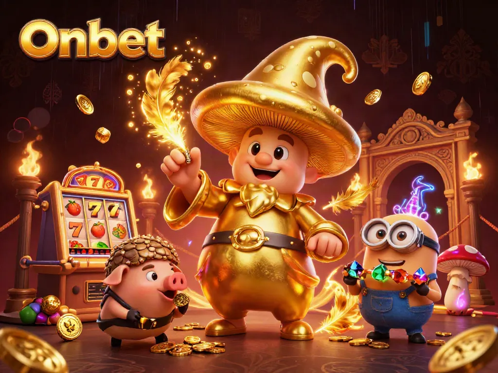 Onbet showcases a magical scene with casino elements, highlighting gold treasures and excitement.