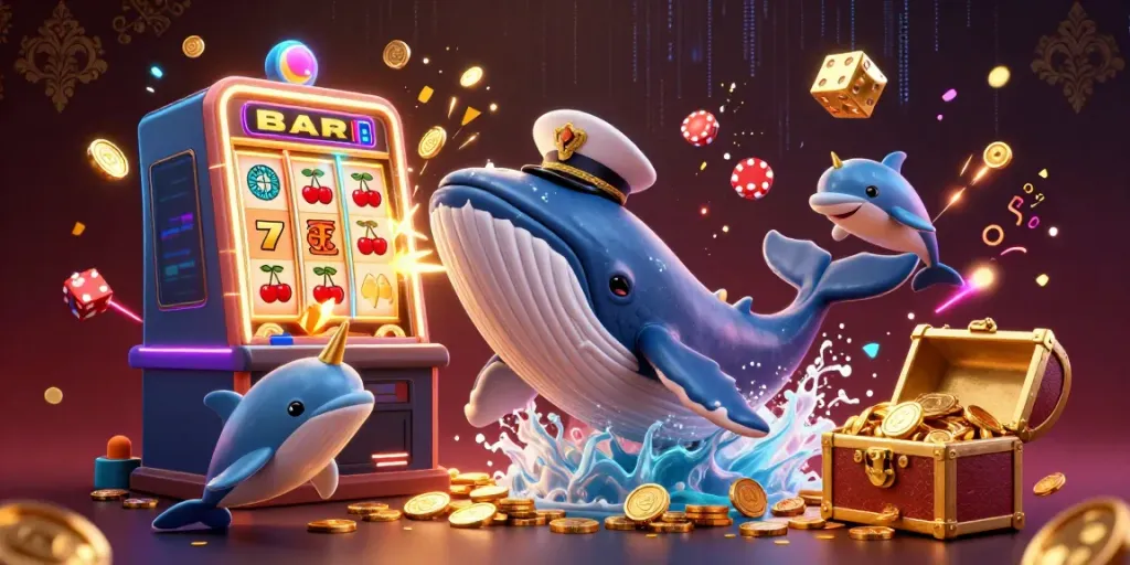 Menggulung slot bertema kasino dengan ikan paus raksasa dan uang logam berkilauan.