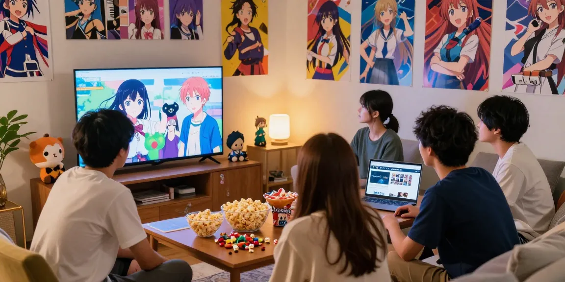 Friends enjoying anime together, exploring https://animehay.zip/ for new episodes, vibrant and cozy setting.