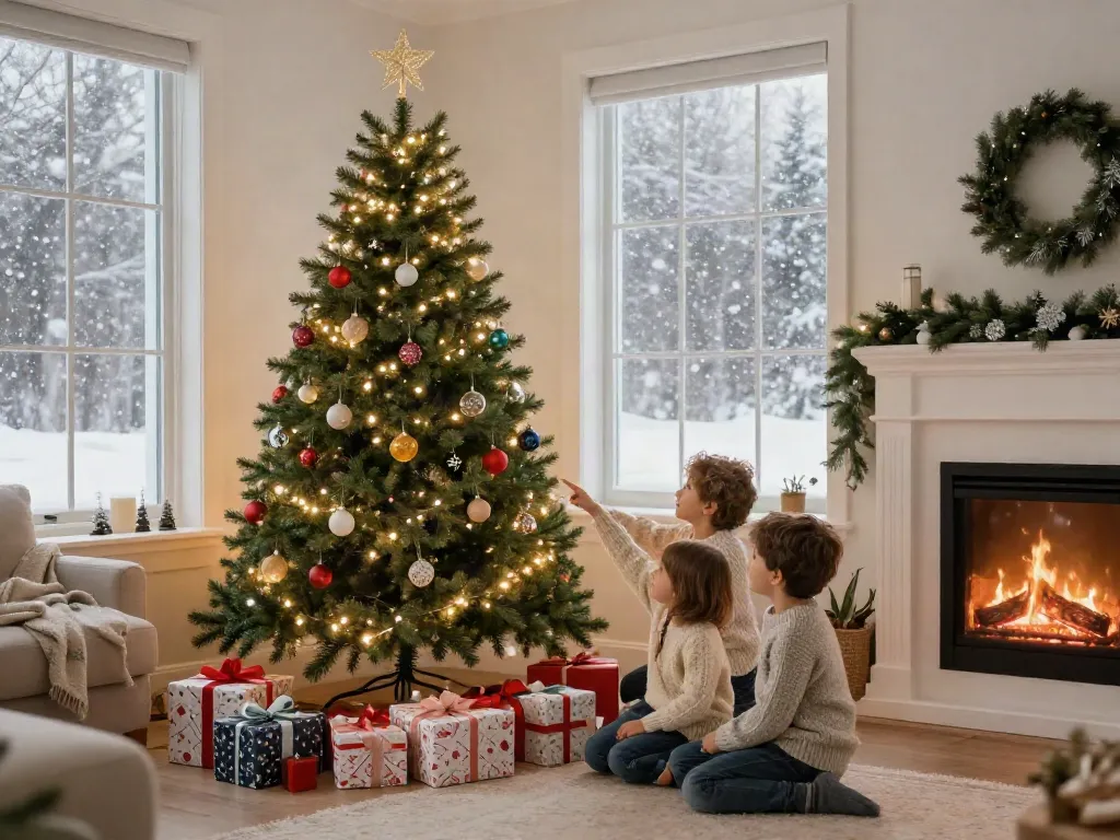 Family enjoying a cozy Christmas morning around a beautifully decorated pre lit pencil slim christmas tree