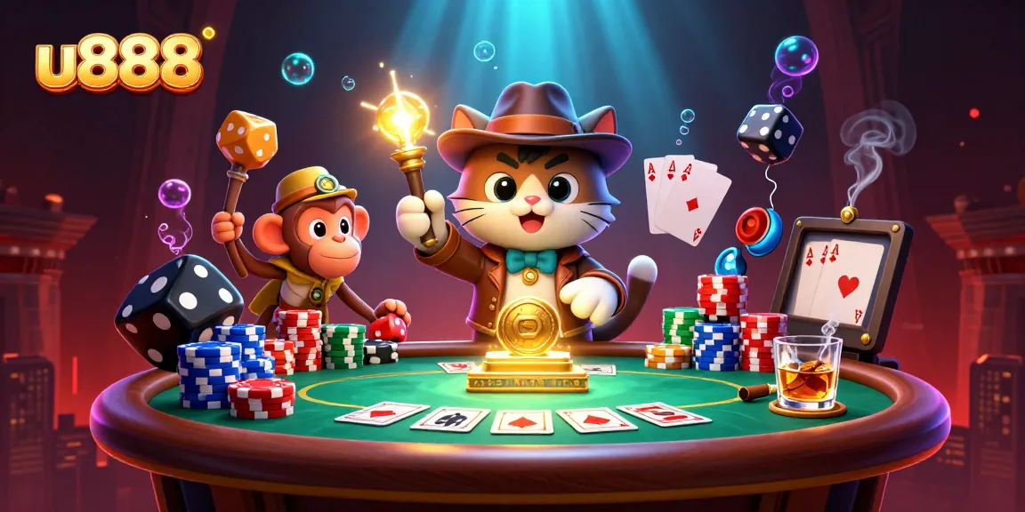 Discover exciting casino adventures with u888 in this vibrant 3D scene featuring an archaeologist cat, poker elements, and rich visuals.