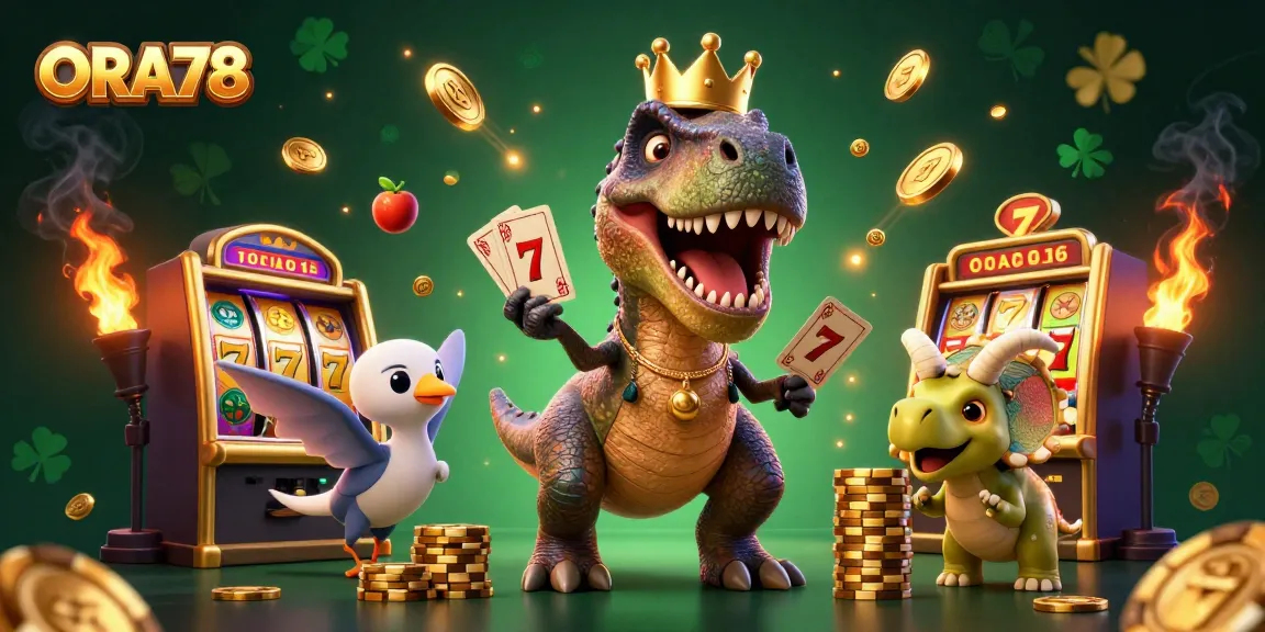 ORA78 mempamerkan T-Rex bersaing menjatuhkan kartu dan triceratops menumpuk chip emas.