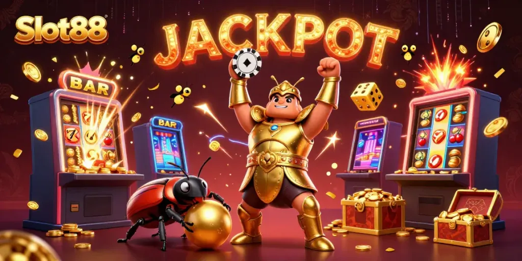 Experience the excitement of Slot88 with a golden beetle hero lifting poker chips amidst jackpot chaos in a vibrant casino.