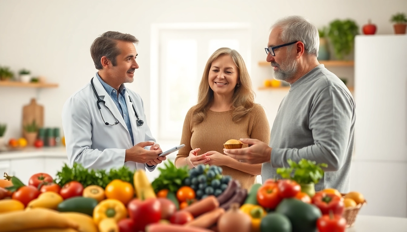 Implement heart health tips with a nutritionist guiding a couple in a bright kitchen filled with healthy foods.