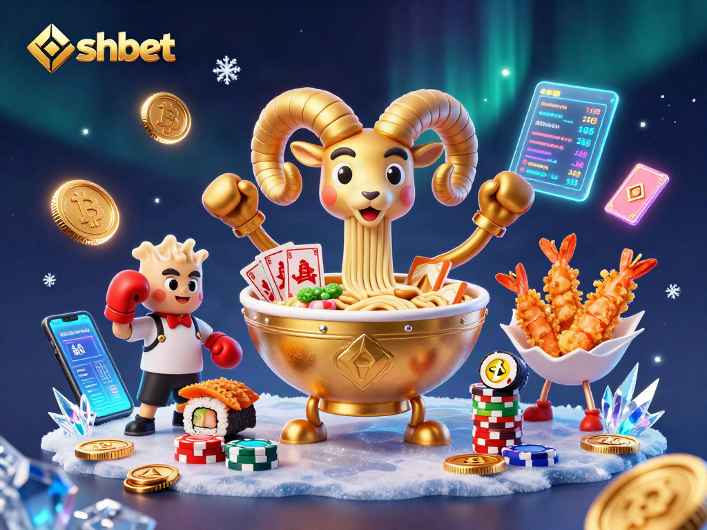 Engage with shbet's vibrant casino scene featuring a golden ramen bowl dealer and crypto elements.