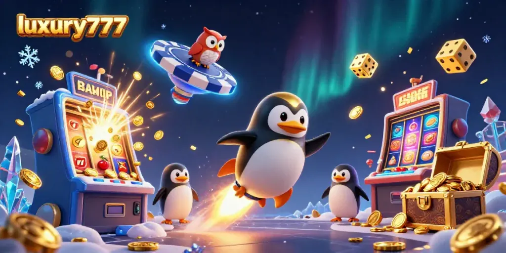 Experience luxury777 with a golden penguin and dazzling jackpot scene in vibrant space.