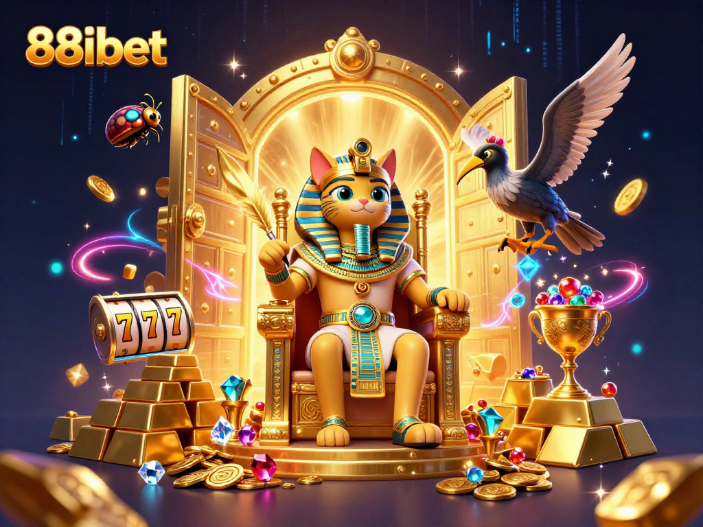 88ibet showcases a vibrant casino scene featuring the Egyptian pharaoh cat and slot reels.