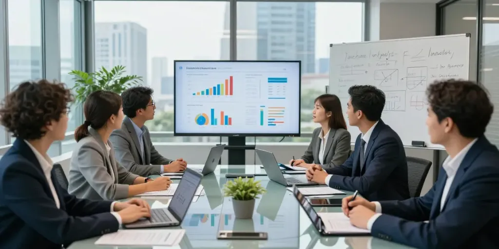 Team of professionals collaborating in a modern office discussing Lead Roedl strategies for 2026.