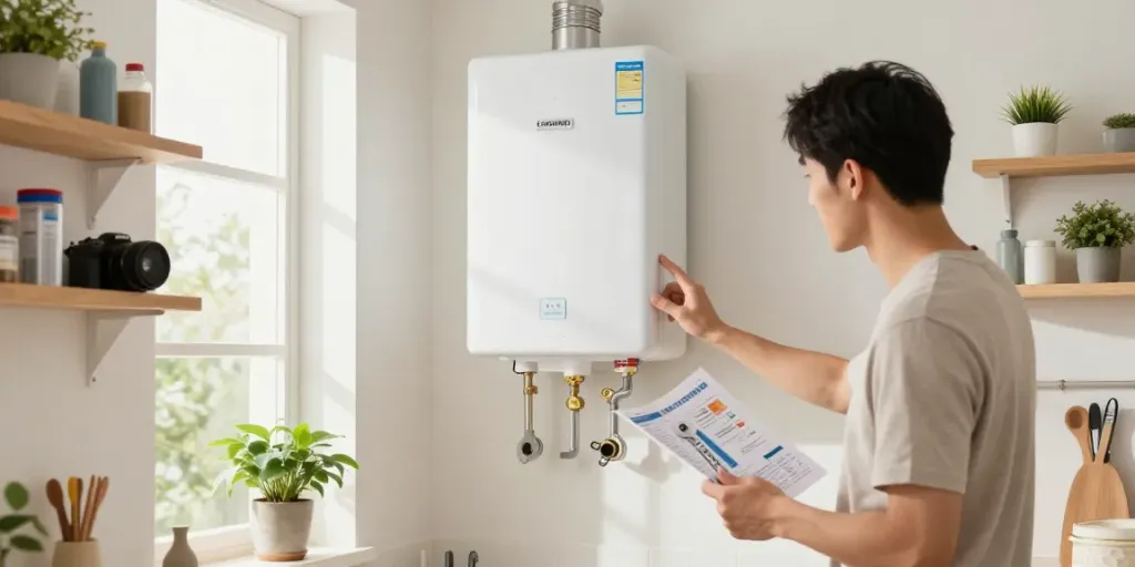 Homeowner inspecting a hot water tank in a bright utility room, showcasing maintenance tools and organized supplies.