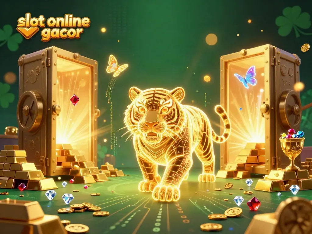 Experience the thrill of slot online gacor with a vibrant scene featuring golden treasures and a neon tiger.