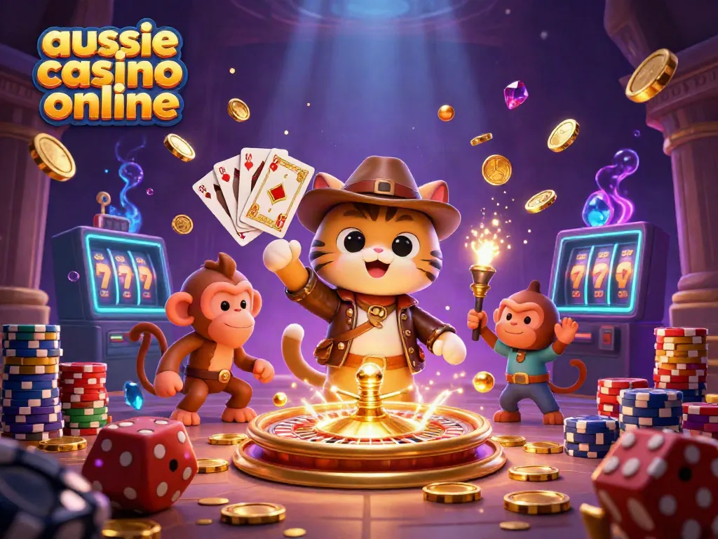 Aussie casino online features vibrant 3D illustration of an archaeologist cat discovering a golden casino artifact.