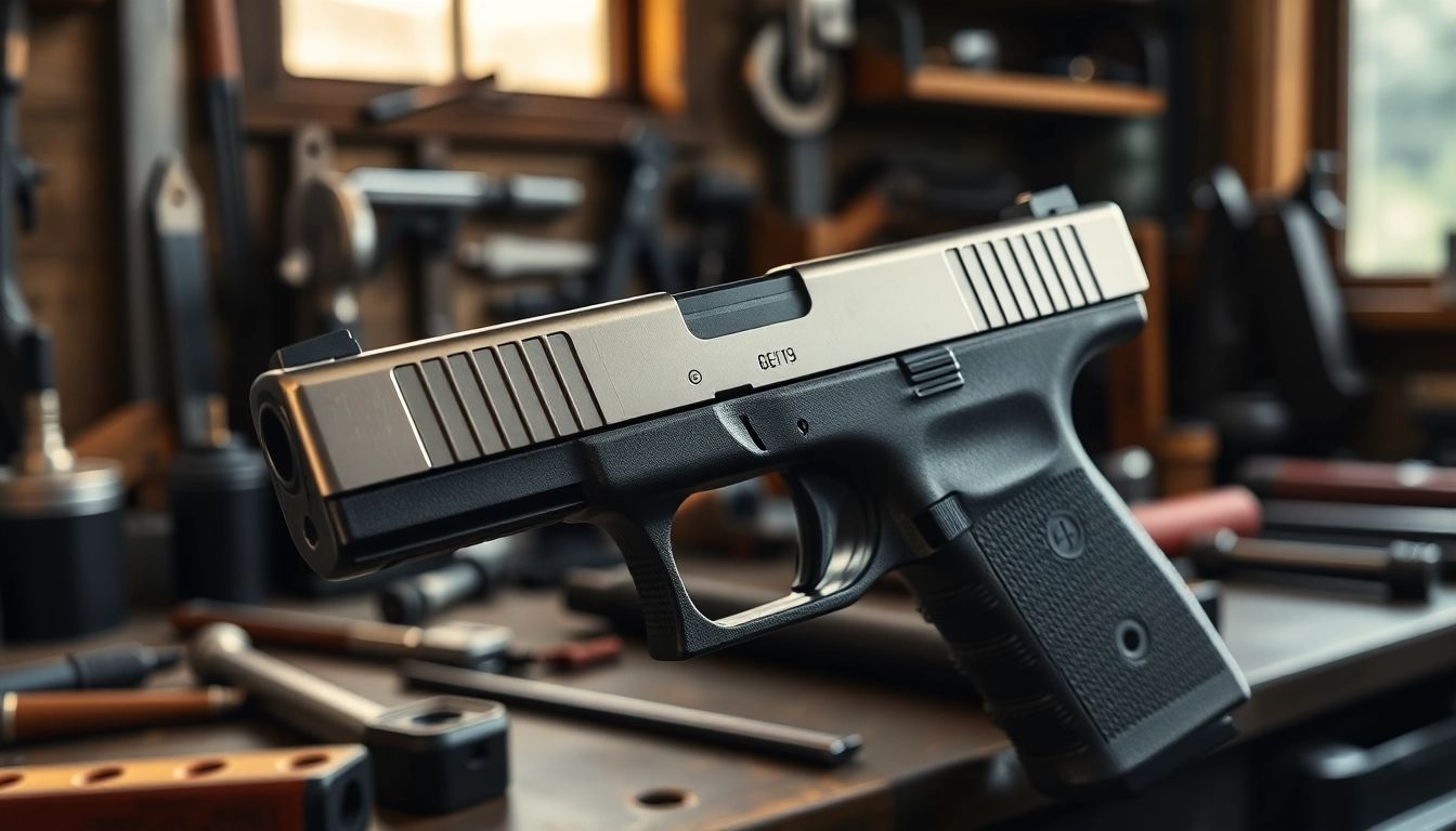 Inspecting a glock 19 gen 5 slide with detailed designs in a workshop.