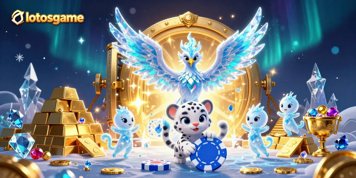 Engage with the lotosgame universe, showcasing a vibrant casino scene with mythical characters amid treasures.