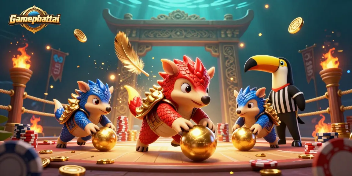 Engage with gamephattai's vibrant 3D illustration of rival pangolins and a thrilling casino backdrop.