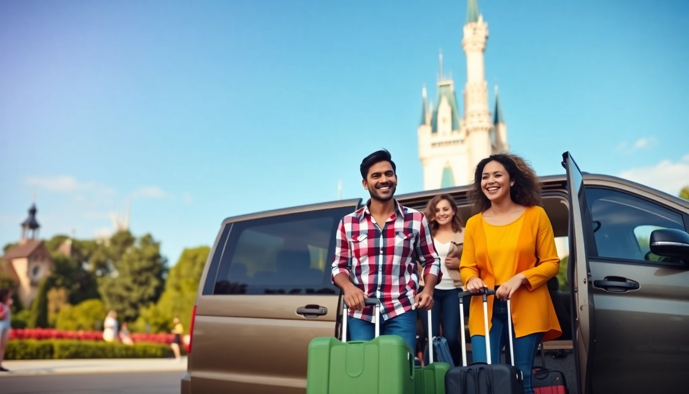 Families enjoying transfers from paris airport to disneyland in front of the iconic Disneyland castle.