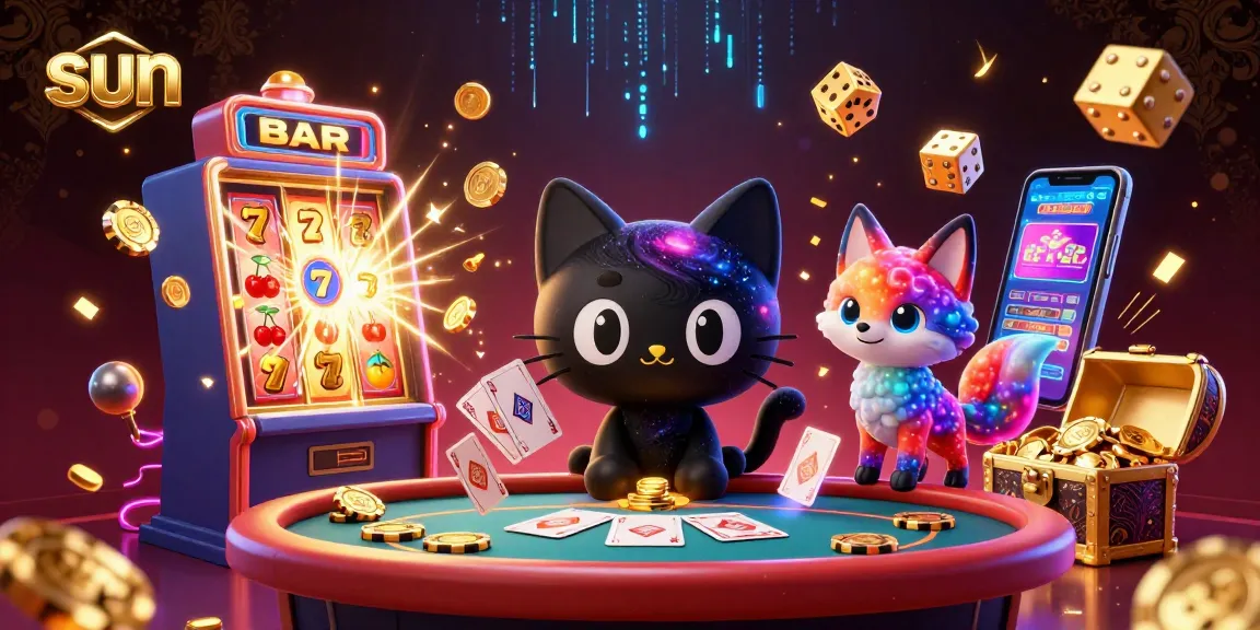 Engage in sun-themed casino action with a vibrant cosmic illustration of a black hole cat and nebula fox.