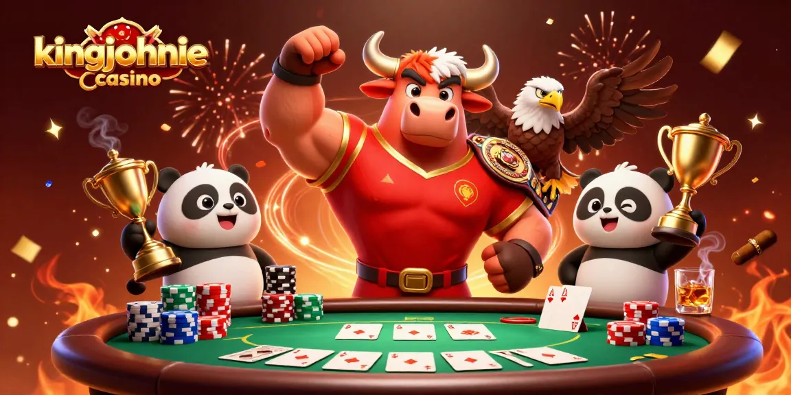 Engaging scene at kingjohnnie casino shows a bull mascot celebrating with poker chips and cards.