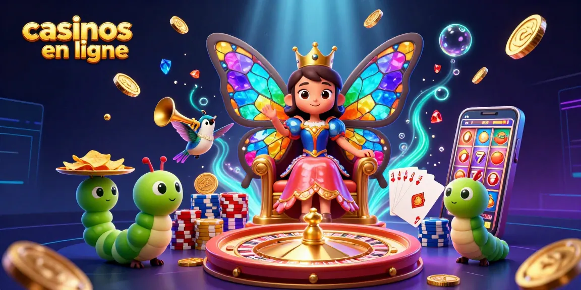 Jouer aux casinos en ligne avec une reine papillon et un spectacle coloré de jeux de casino.