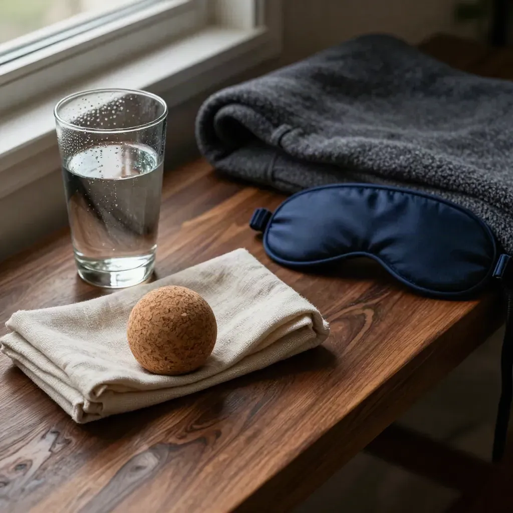 Recovery kit on a dark wood bench with cork ball, linen wrap, sleep mask, glass, and travel blanket.