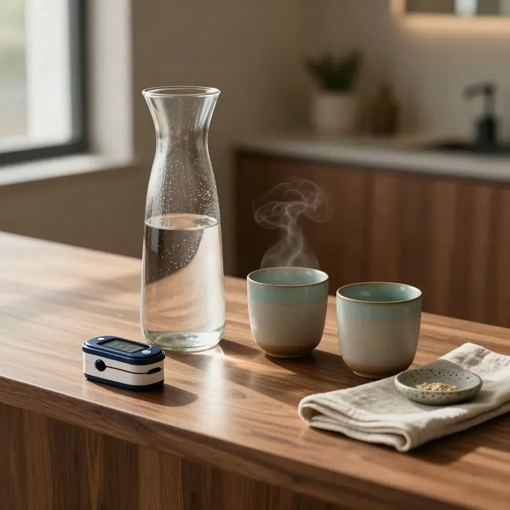 Glass carafe, cups, pulse oximeter and linen set for a wellness consult on a warm walnut counter.