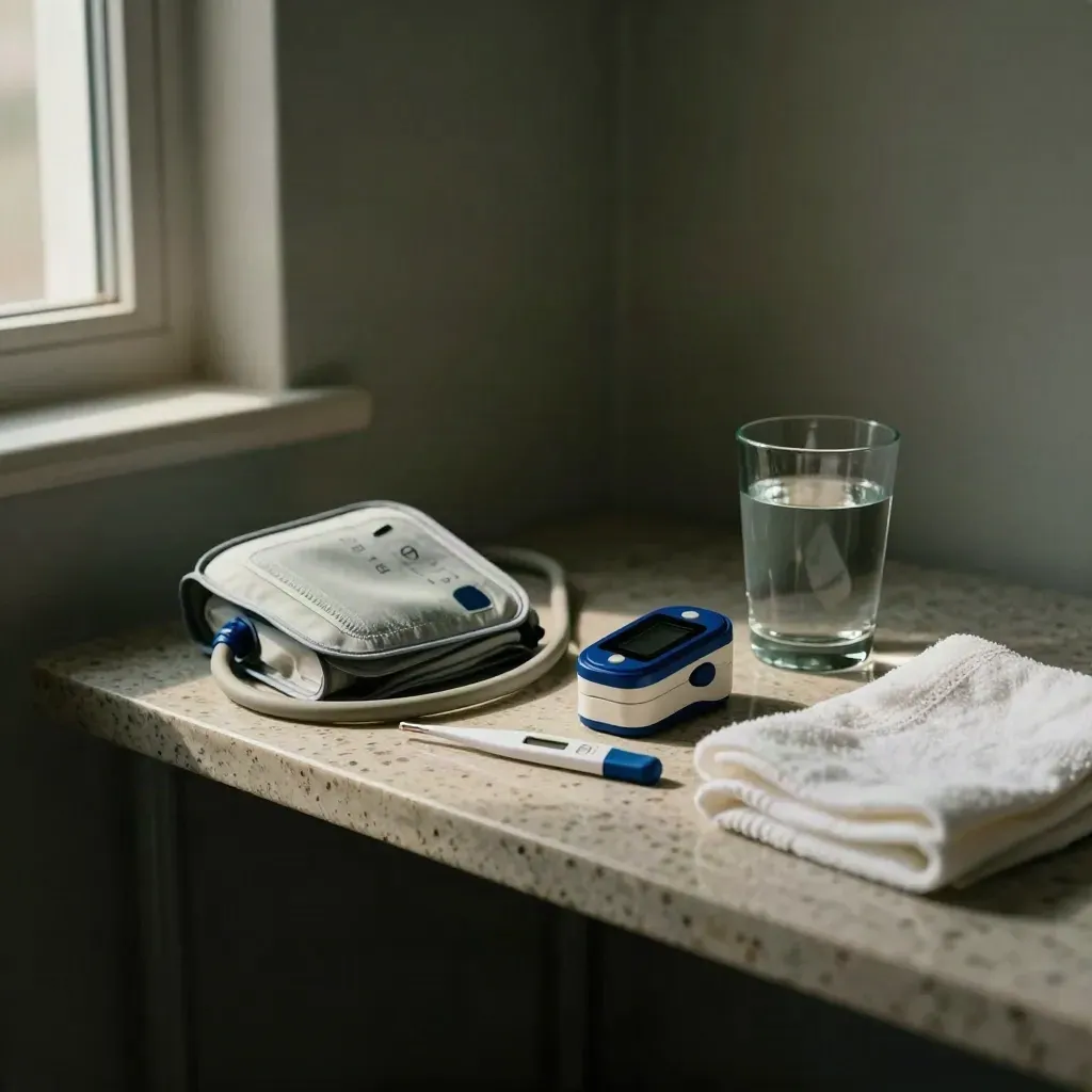 Blood pressure cuff, pulse oximeter, thermometer, water glass and towel on a clinic shelf.