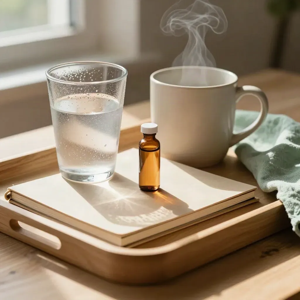 Morning energy kit with electrolyte glass, mug, amber vial, and planner on pale wood.