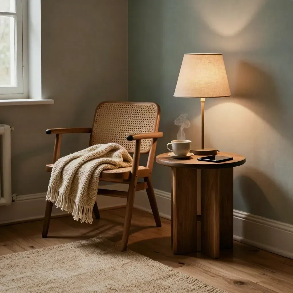Evening living room corner with lamp, throw, teacup, and silent phone on a side table.