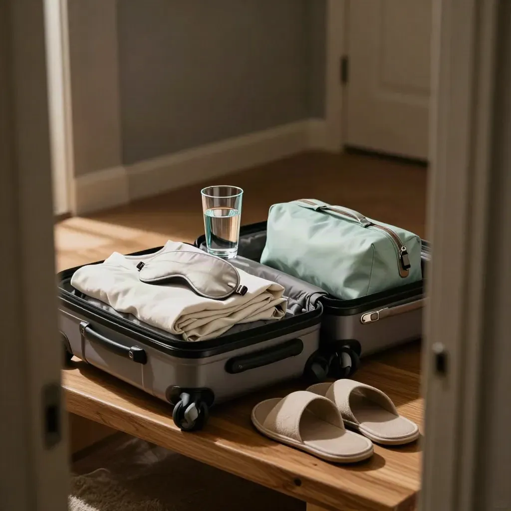 Travel bench with folded shirt, sleep mask, water glass, slippers, and half-zipped carry-on in haze.