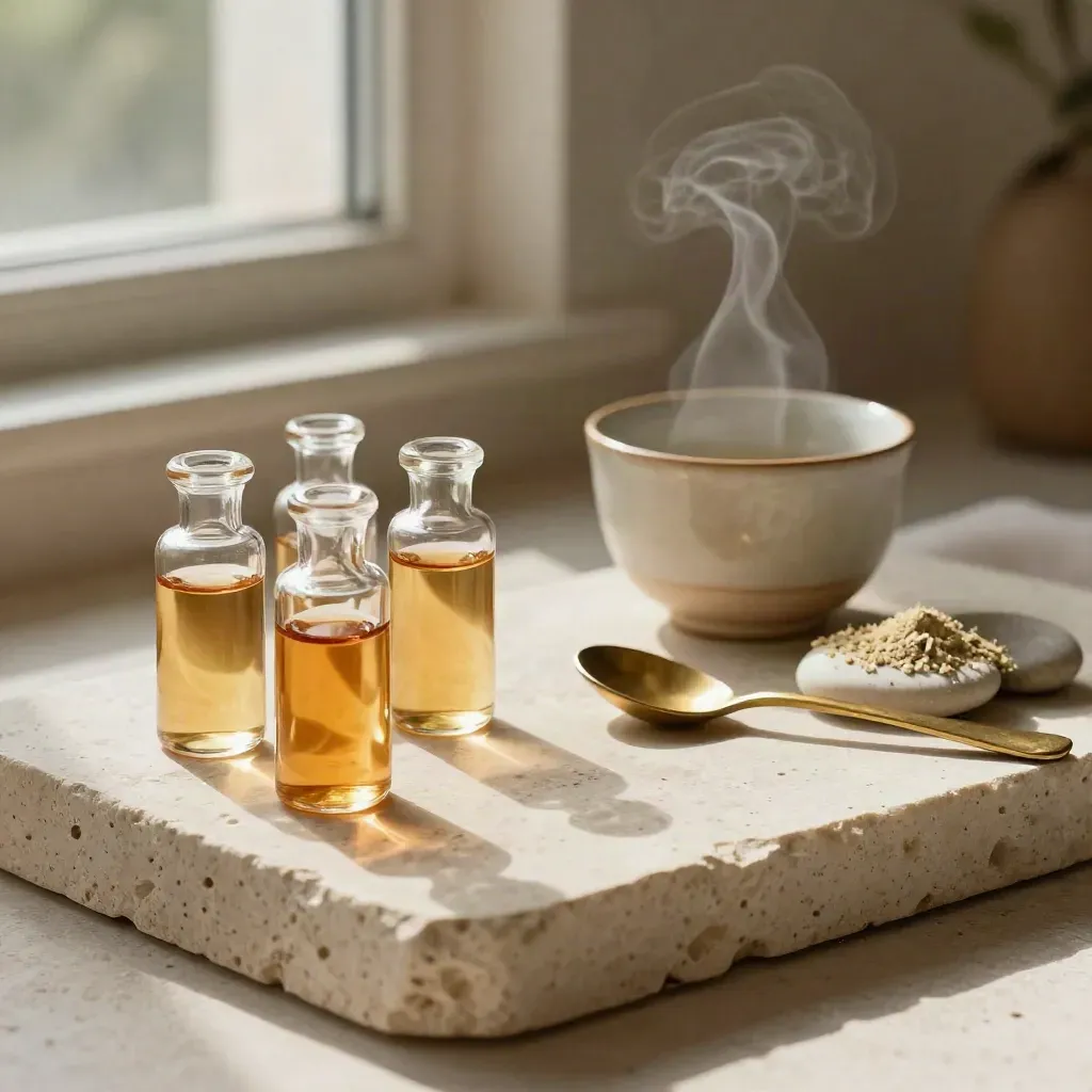 Travertine tray with tincture vials, teacup, brass spoon and sample dishes in macro light.