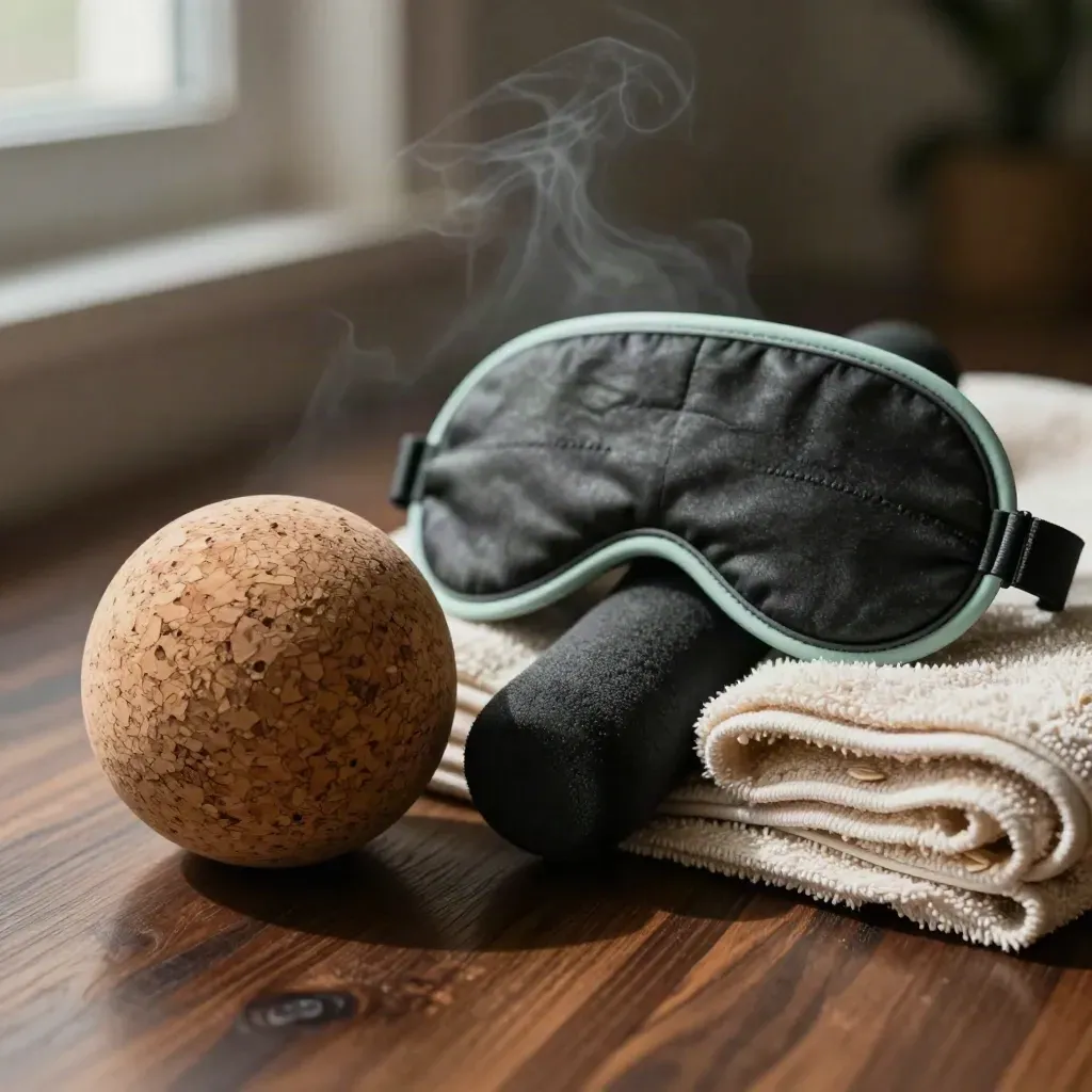 Cork massage ball, sleep mask, foam roller edge, and folded towel on dark timber.