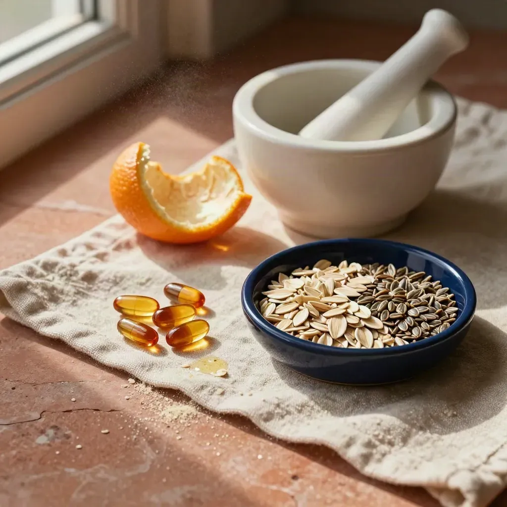 Flat lay of amber capsules, mortar and pestle, citrus peel, and seeds on linen.