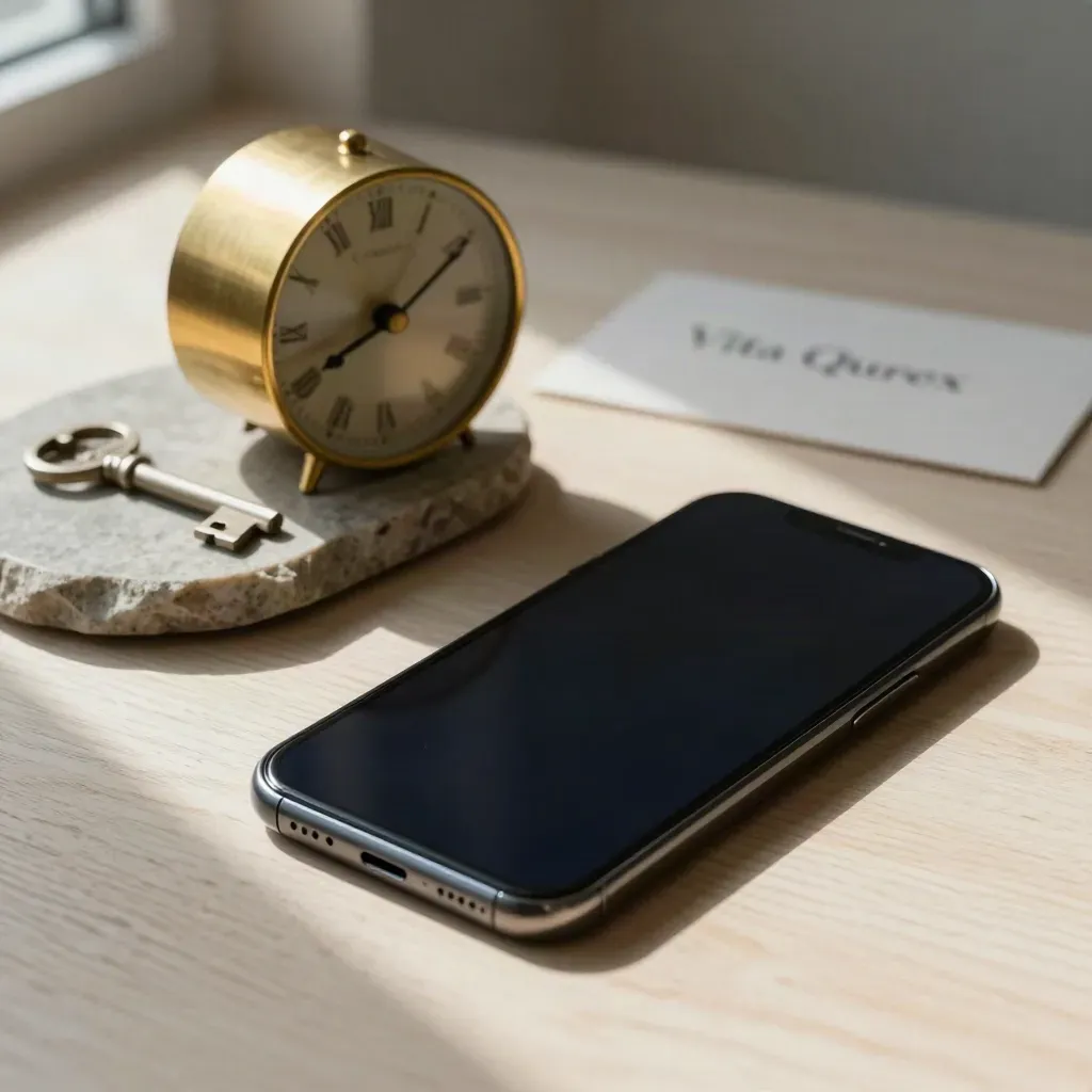 Smartphone, brass clock, and stone dish on pale wood in soft daylight for a call booking scene