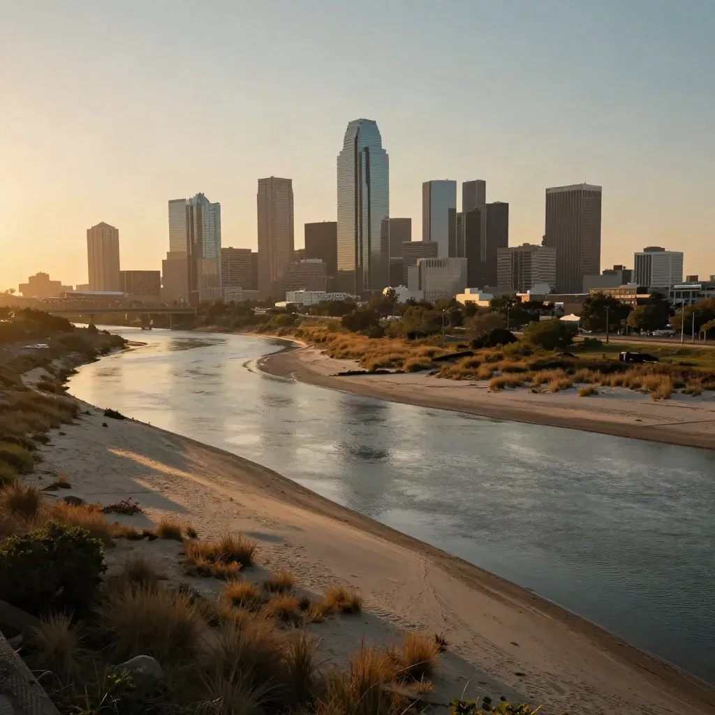 Golden-hour Dallas skyline above the Trinity River with warm haze and open prairie foreground