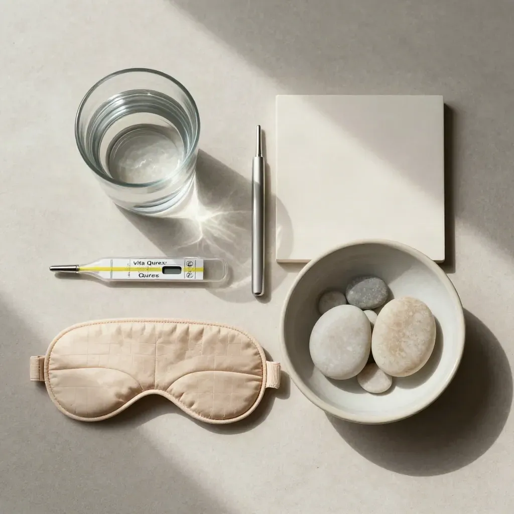 Overhead wellness still life with sleep mask, water glass, thermometer, and stones in a bowl.