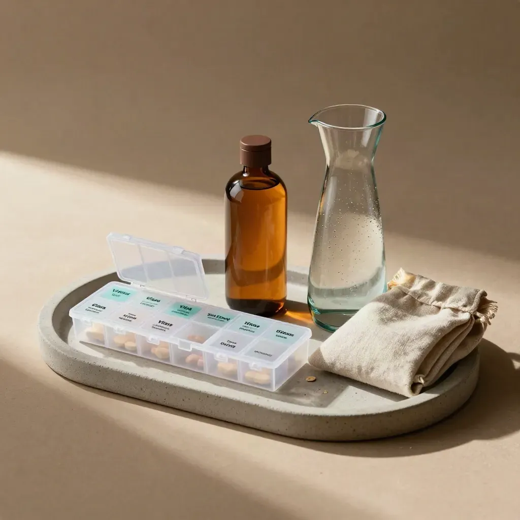 Starter wellness kit with pill organizer, amber bottle, water carafe, and linen pouch on stone tray