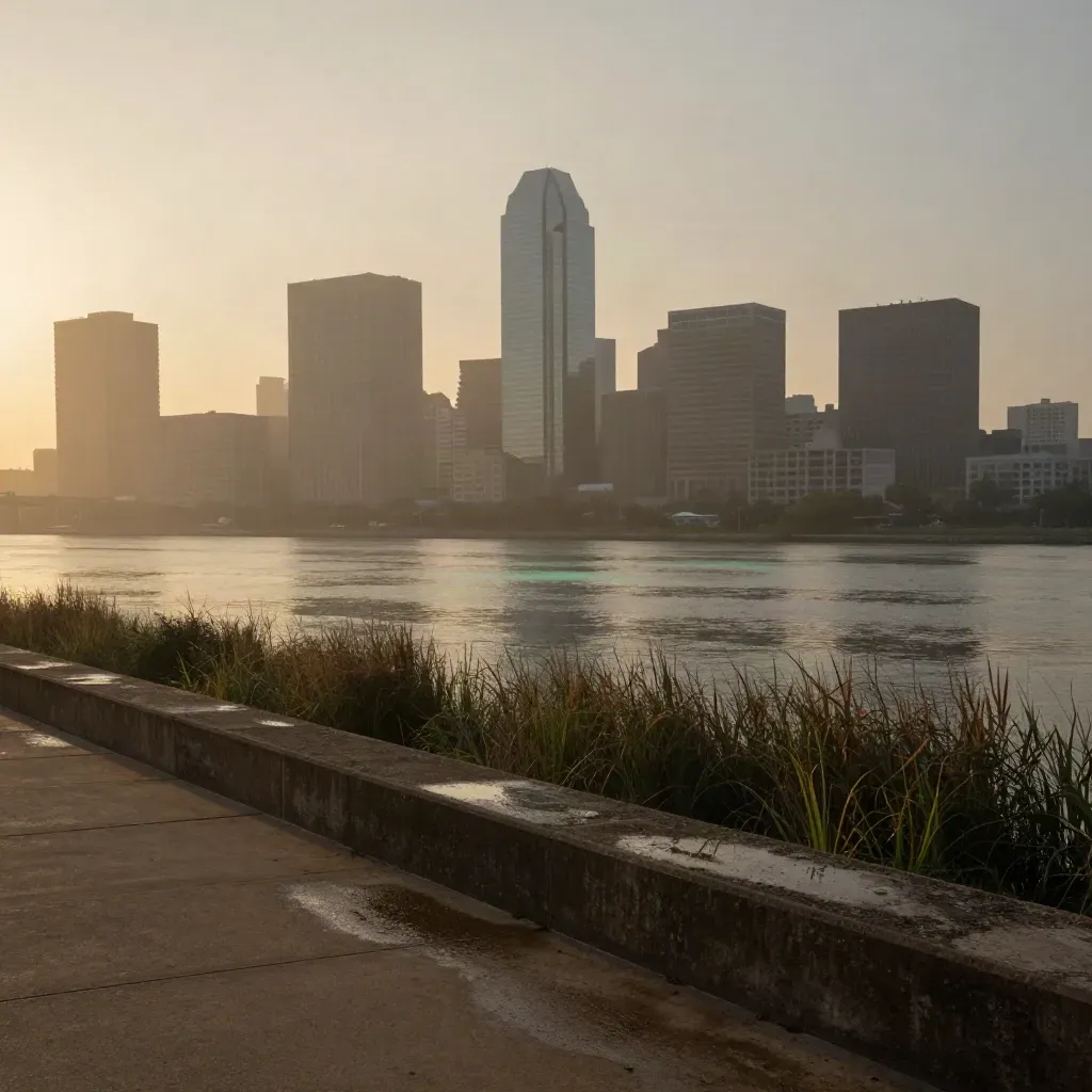 Houston skyline over bayou water at sunset through warm haze