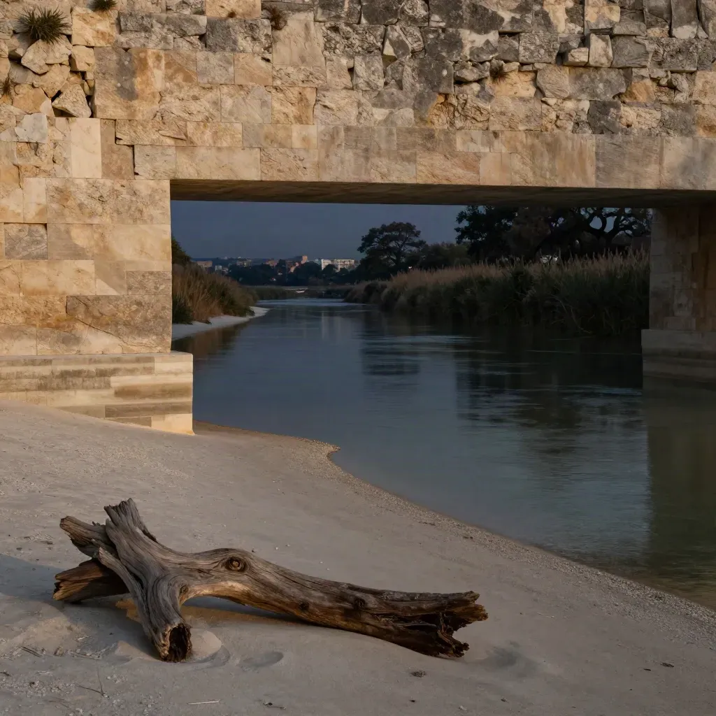 Mission Reach limestone wall and calm river bend at dusk, wide and atmospheric.
