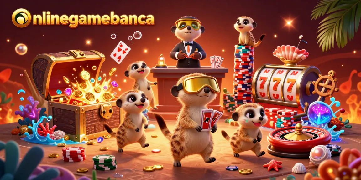 Experience the excitement of onlinegamebanca's animated meerkat casino scene, showcasing betting action and arcade fun.