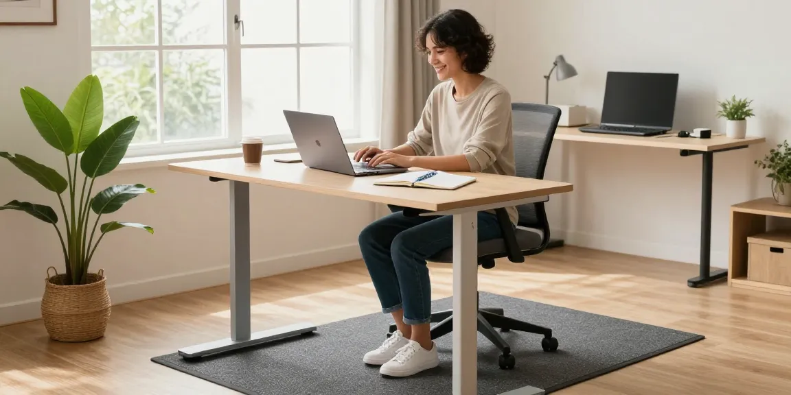 Ergonomic working from home tips in a healthy home office setup featuring a riser desk and anti-fatigue mat