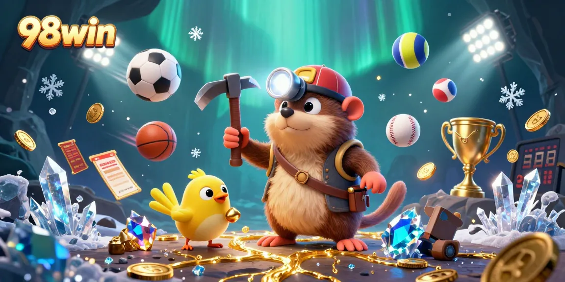 Win big at 98win with a vibrant 3D casino scene showcasing dynamic sports betting elements and treasure hunting excitement.