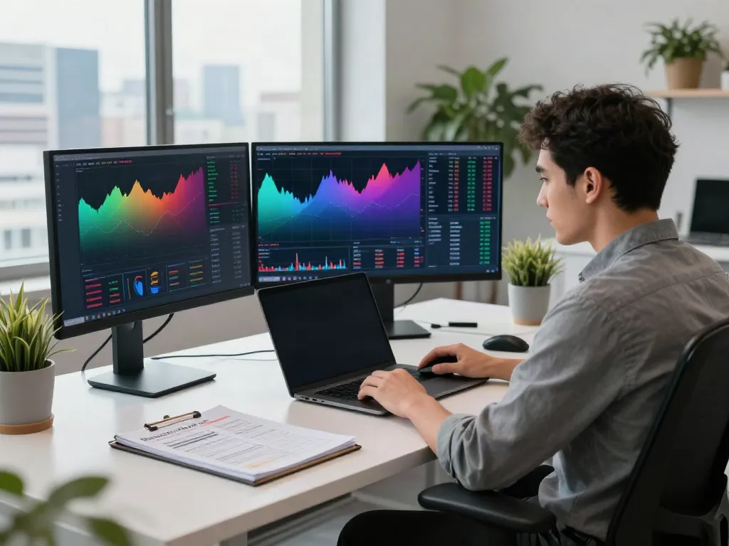 Trader using TradingView on multiple monitors in a modern workspace.