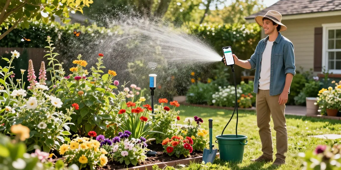 wifi sprinkler controller in use by a gardener in a blooming backyard garden