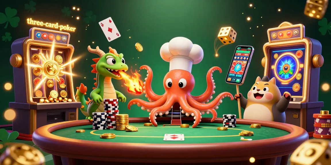 Experience thrilling wins with three-card-poker in a vibrant casino scene featuring dynamic characters and rich details.