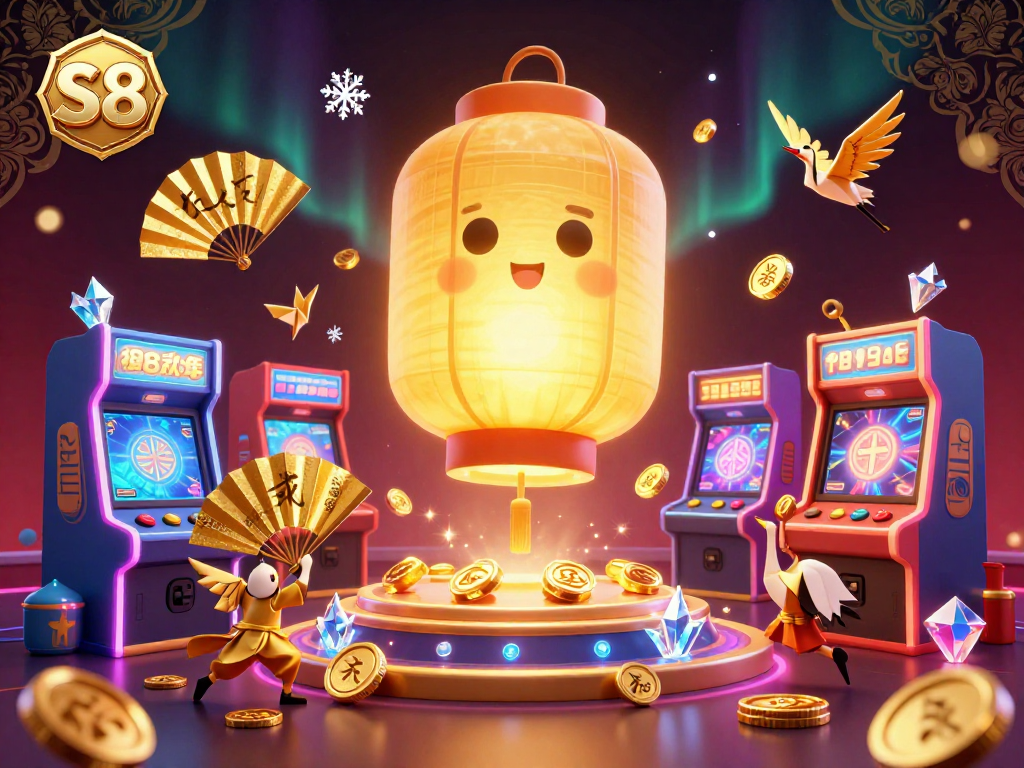 S8 launches vibrant online gambling experiences with golden lantern spirit guiding players through a dynamic casino landscape.