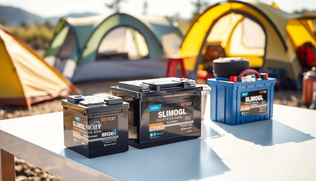 Showcasing lithium RV batteries among camping gear for off-grid adventures.