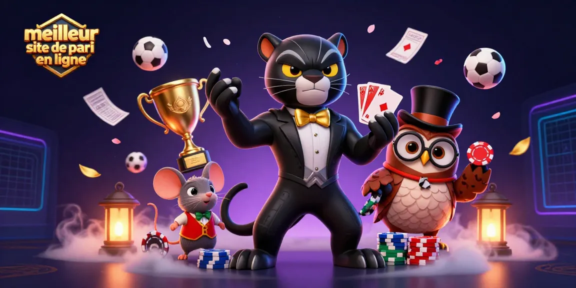 Plongez dans l'univers du meilleur site de pari en ligne avec un élégant panthère distribuant des cartes, entouré d'éléments de sport.