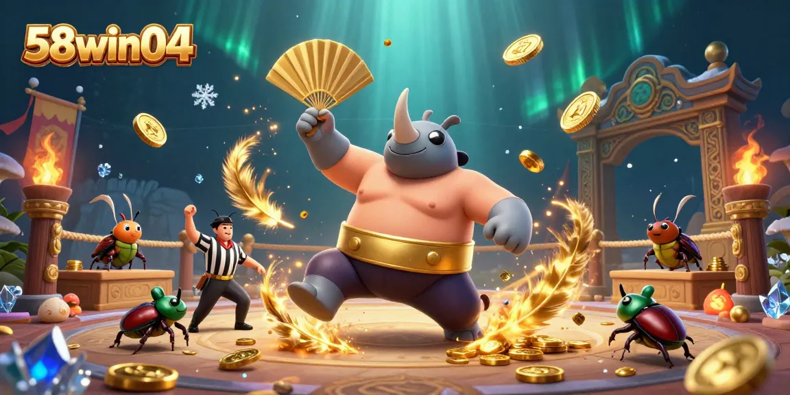 Win big at 58win04 with a 3D beetle sumo champion surrounded by action, coins, and excitement.