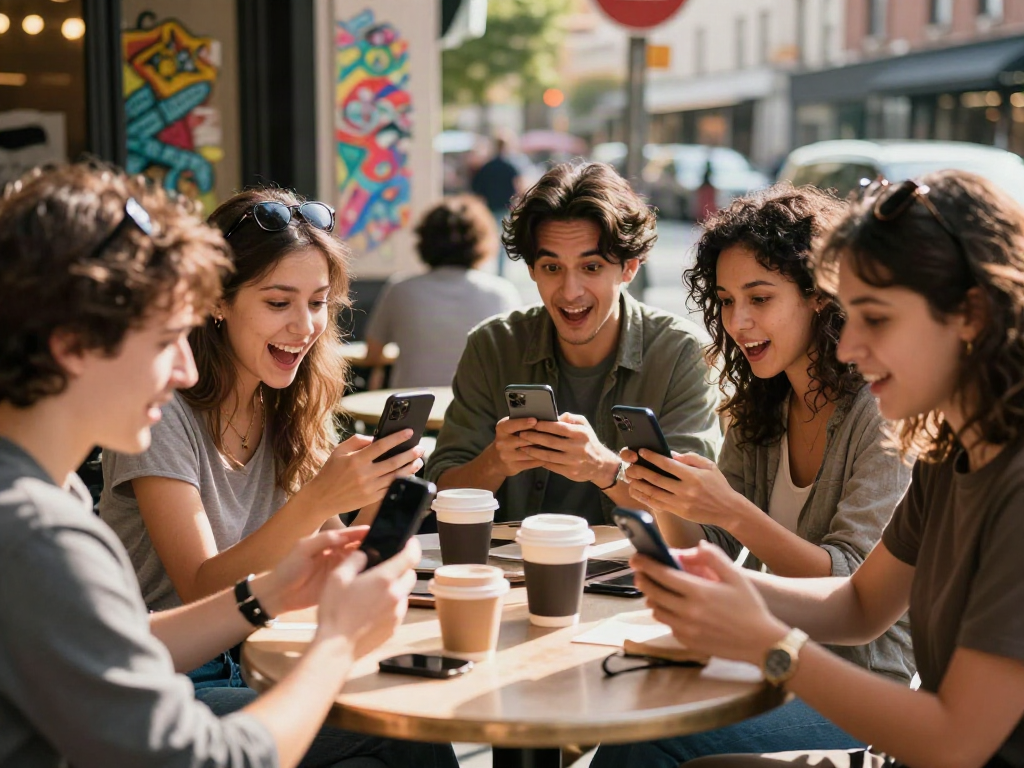 Group of friends enjoying café time, discussing how old do I look estimates from AI analysis.