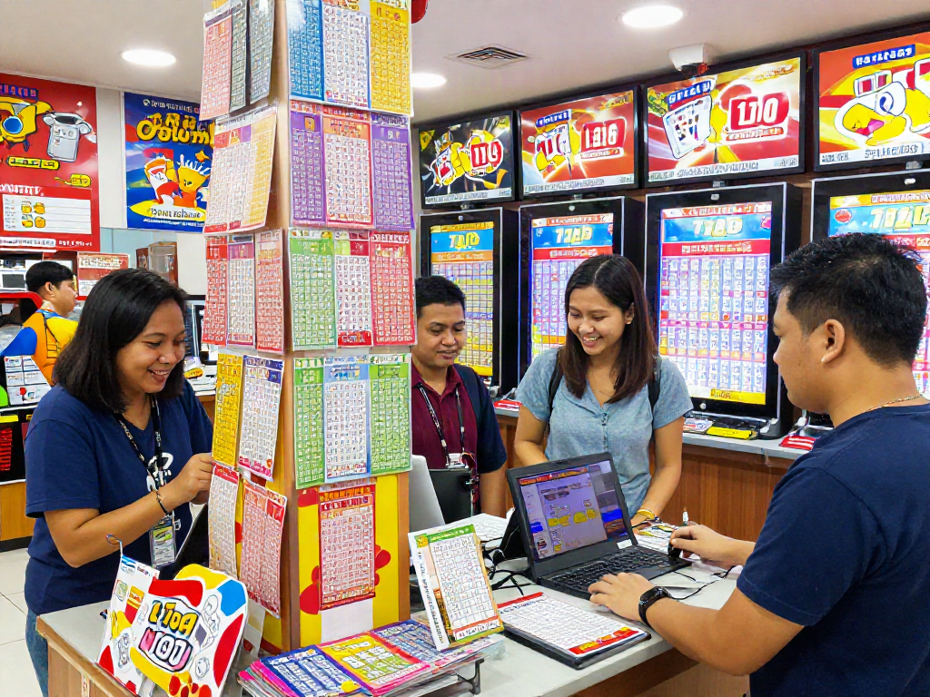 Players selecting their toto togel numbers in a vibrant lottery store.