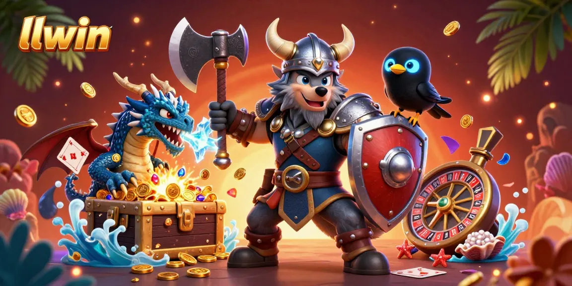 Experience thrilling gaming adventures with llwin illustrated by a Viking warrior and dragon.
